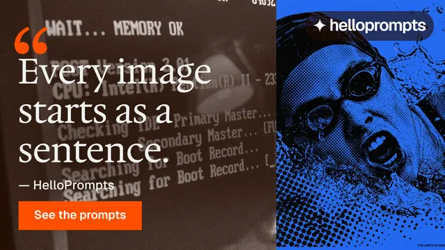 Landscape graphic for HelloPrompts: "Taste, written down." Swiss style, quote layout, dark palette in orange, blue, grey.