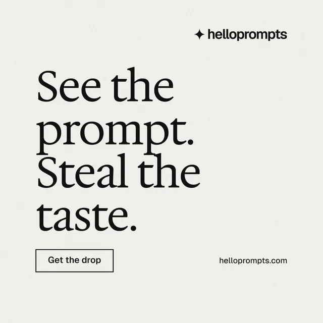 Instagram post for HelloPrompts: "See the prompt. Steal the taste." Editorial style, poster layout, light palette in white, grey.