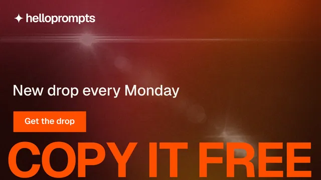 Landscape graphic for HelloPrompts: "Copy it free." Swiss style, oversized layout, dark palette in red, orange.