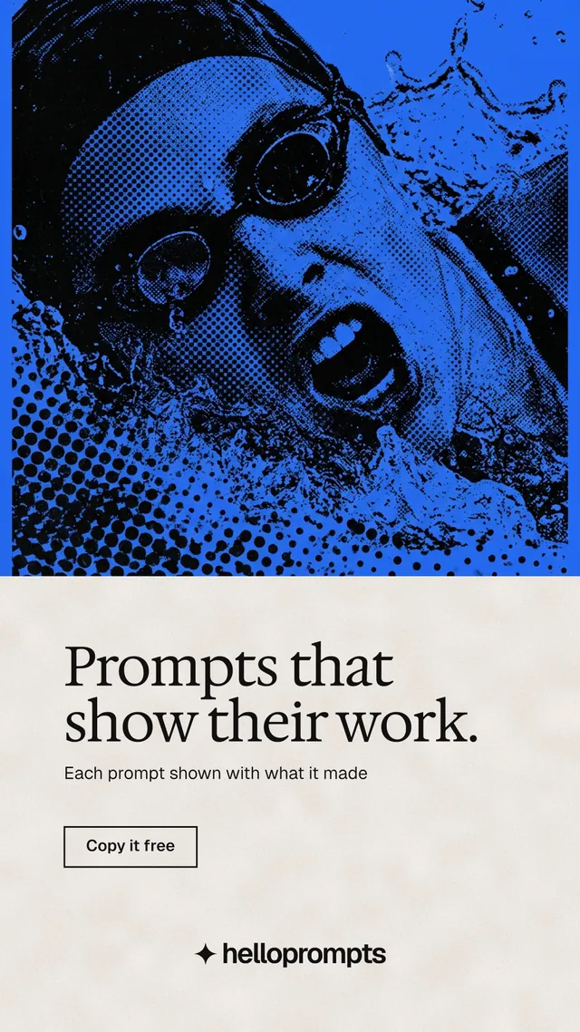 Instagram story for HelloPrompts: "Prompts that show their work." Editorial style, bottom layout, light palette in blue, black, orange.