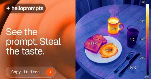 Social ad for HelloPrompts: "See the prompt. Steal the taste." Agentic glass style, bottom layout, dark palette in blue, red, orange.