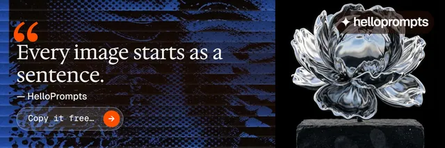 X header for HelloPrompts: "The art of speaking to machines." Agentic glass style, quote layout, dark palette in blue, grey, black.