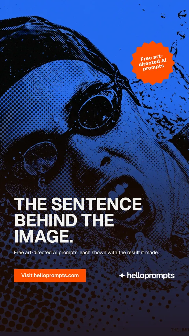 Instagram story for HelloPrompts: "The sentence behind the image." Swiss style, sticker layout, dark palette in blue, purple, black.