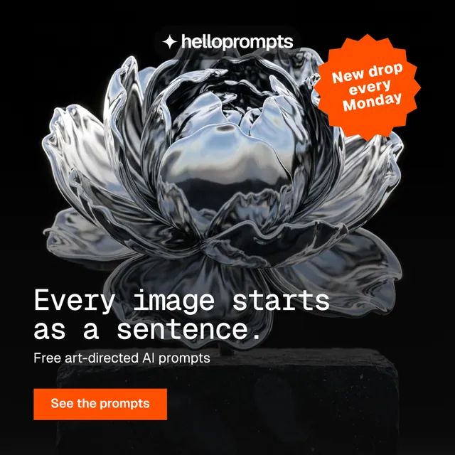 Instagram post for HelloPrompts: "Every image starts as a sentence." Swiss style, sticker layout, dark palette in grey, black, orange.