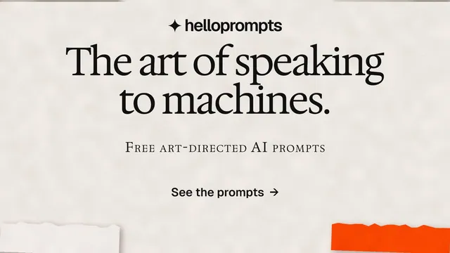 Landscape graphic for HelloPrompts: "The art of speaking to machines." Swiss style, smallcaps layout, light palette in orange.
