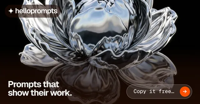 Social ad for HelloPrompts: "Prompts that show their work." Agentic glass style, image led layout, dark palette in black, orange, grey.