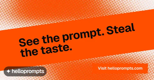 Social ad for HelloPrompts: "See the prompt. Steal the taste." Swiss style, diagonal layout, light palette in orange.