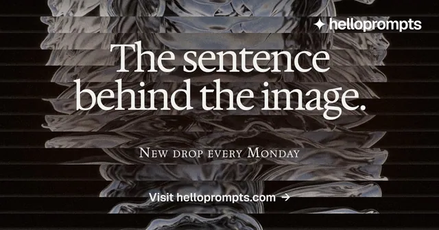 Social ad for HelloPrompts: "The sentence behind the image." Agentic glass style, smallcaps layout, dark palette in black, grey.