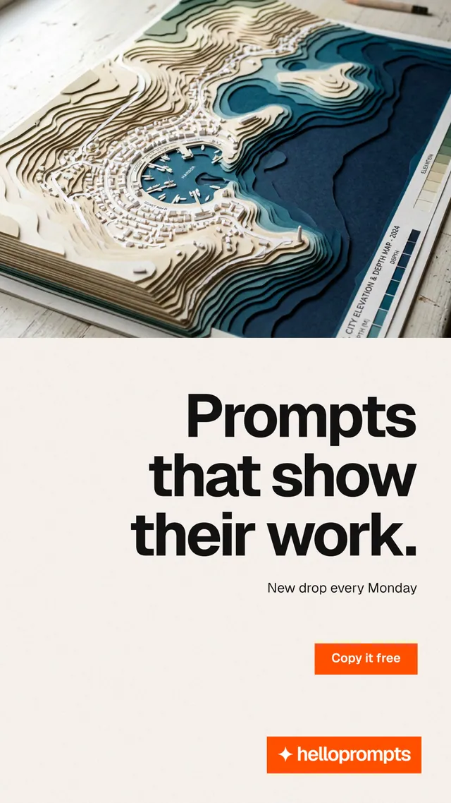 Instagram story for HelloPrompts: "Prompts that show their work." Swiss style, right layout, light palette in white, grey, orange.