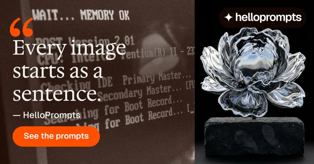Social ad for HelloPrompts: "See the prompt. Steal the taste." Photo poster style, quote layout, dark palette in orange, black, grey.