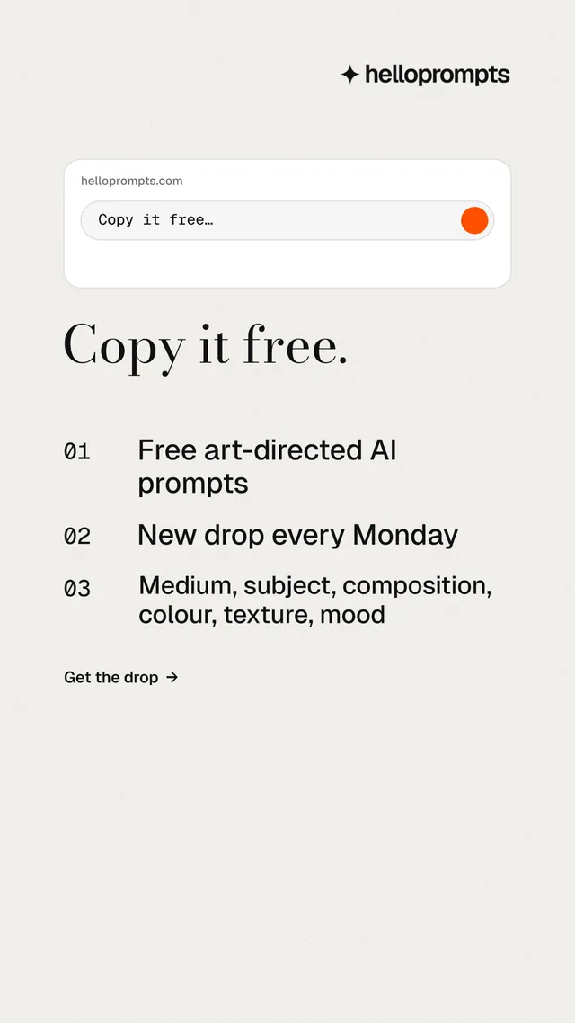Instagram story for HelloPrompts: "Copy it free." Minimal luxury style, numbered layout, light palette in white.