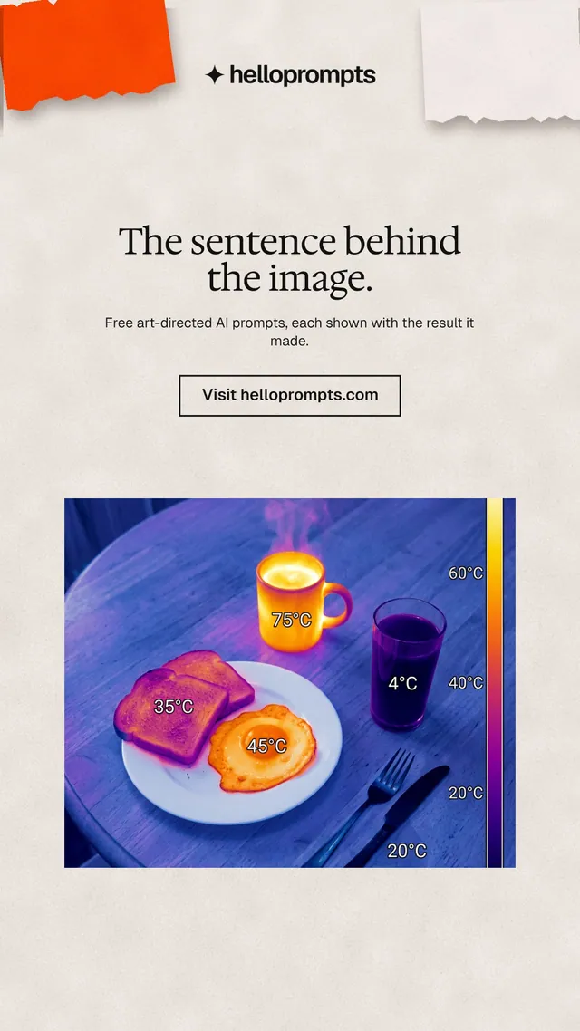 Instagram story for HelloPrompts: "The sentence behind the image." Editorial style, centred layout, light palette in orange, purple, grey.