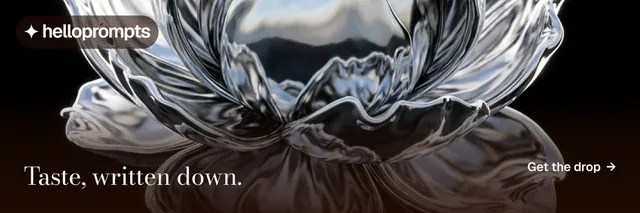 X header for HelloPrompts: "Taste, written down." Minimal luxury style, image led layout, dark palette in grey, black.