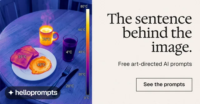 Social ad for HelloPrompts: "The sentence behind the image." Editorial style, right layout, light palette in white, blue.
