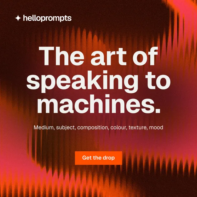 Instagram post for HelloPrompts: "The art of speaking to machines." Swiss style, centred layout, dark palette in black, red.