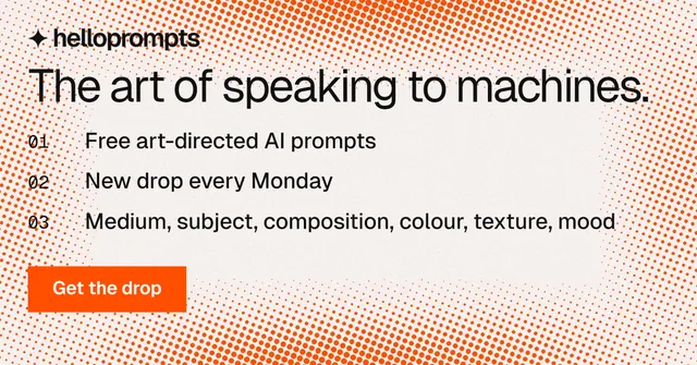 Social ad for HelloPrompts: "The art of speaking to machines." Split block style, numbered layout, light palette in orange, white.