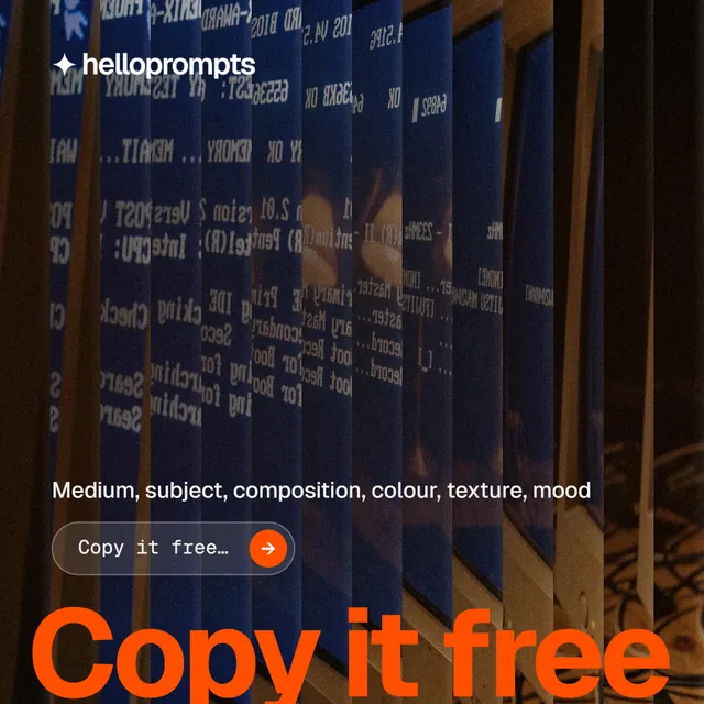 Instagram post for HelloPrompts: "Copy it free." Agentic glass style, oversized layout, dark palette in black, orange.