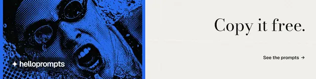 LinkedIn banner for HelloPrompts: "Copy it free." Minimal luxury style, right layout, light palette in white, black, blue.