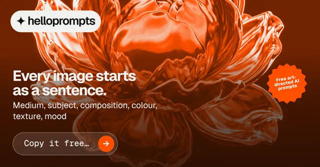 Social ad for HelloPrompts: "Every image starts as a sentence." Agentic glass style, sticker layout, dark palette in orange, brown.