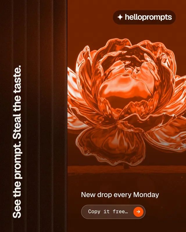 Instagram portrait post for HelloPrompts: "See the prompt. Steal the taste." Agentic glass style, vertical layout, dark palette in black, orange.