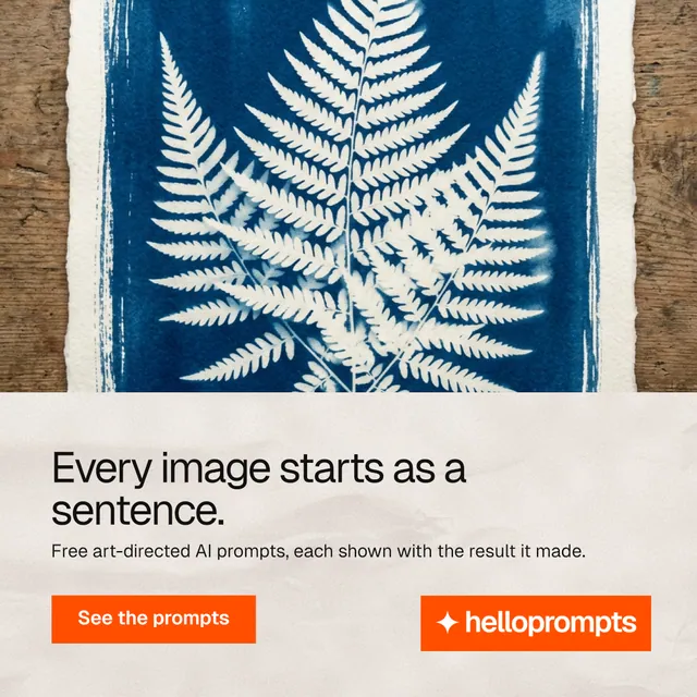 Instagram post for HelloPrompts: "Every image starts as a sentence." Swiss style, bottom layout, light palette in grey, blue, orange.