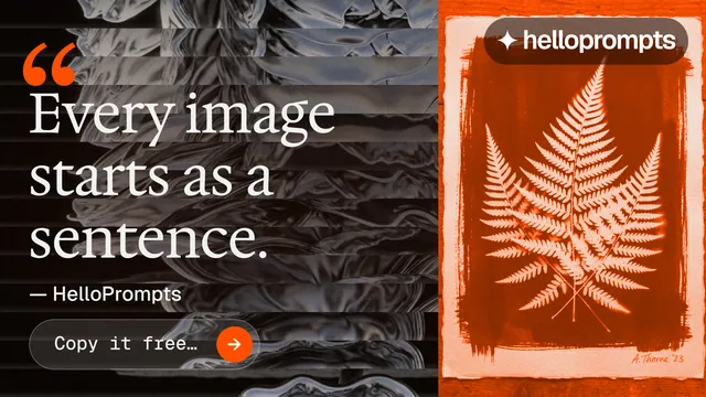Landscape graphic for HelloPrompts: "Say it like an art director." Agentic glass style, quote layout, dark palette in black, orange.