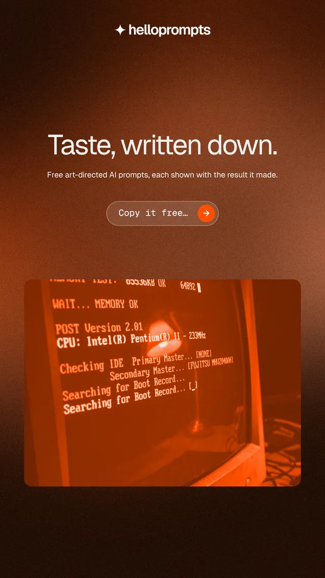 Instagram story for HelloPrompts: "Taste, written down." Agentic glass style, centred layout, dark palette in black, orange, brown.