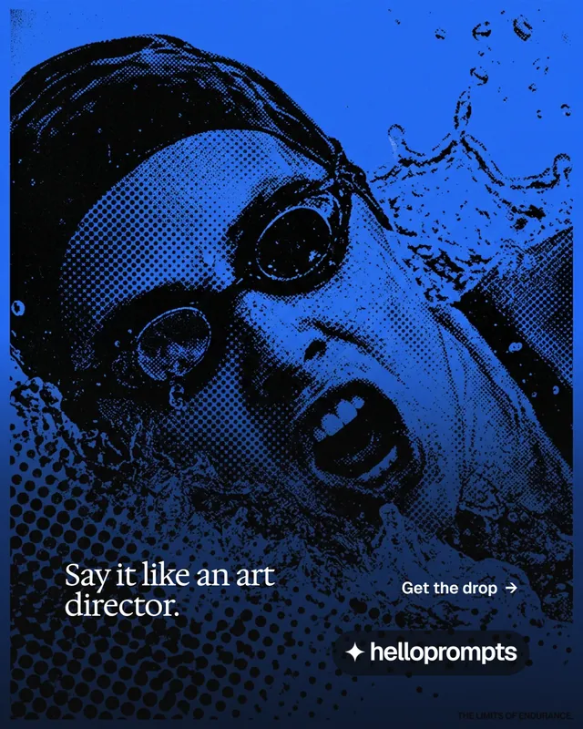 Instagram portrait post for HelloPrompts: "Say it like an art director." Editorial style, image led layout, dark palette in blue, black.
