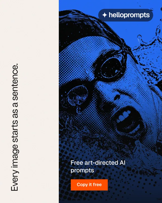 Instagram portrait post for HelloPrompts: "Every image starts as a sentence." Swiss style, vertical layout, light palette in white, black, blue.