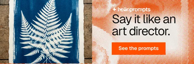X header for HelloPrompts: "Say it like an art director." Swiss style, skeleton layout, light palette in brown, orange, grey.