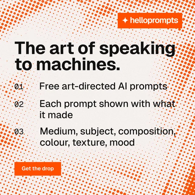 Instagram post for HelloPrompts: "The art of speaking to machines." Split block style, numbered layout, light palette in orange, white.