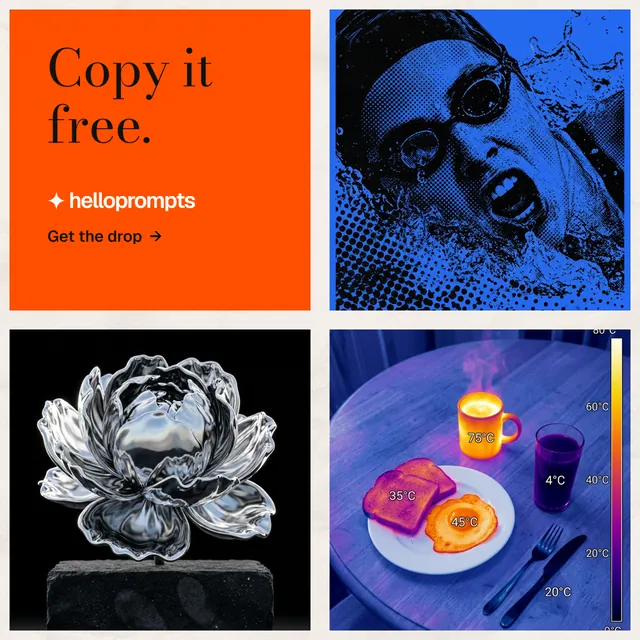 Instagram post for HelloPrompts: "Copy it free." Minimal luxury style, collage layout, dark palette in black, red, grey.