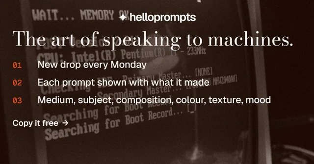 Social ad for HelloPrompts: "The art of speaking to machines." Minimal luxury style, numbered layout, dark palette in black, orange, grey.