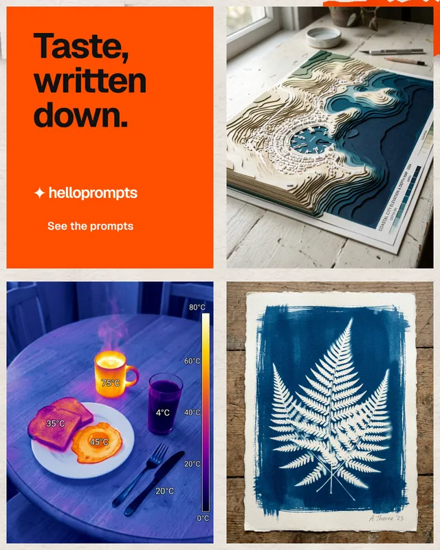 Instagram portrait post for HelloPrompts: "Taste, written down." Swiss style, collage layout, light palette in blue, orange, grey.