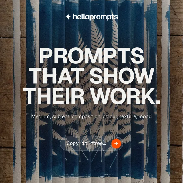 Instagram post for HelloPrompts: "Prompts that show their work." Agentic glass style, centred layout, dark palette in blue, black, grey.