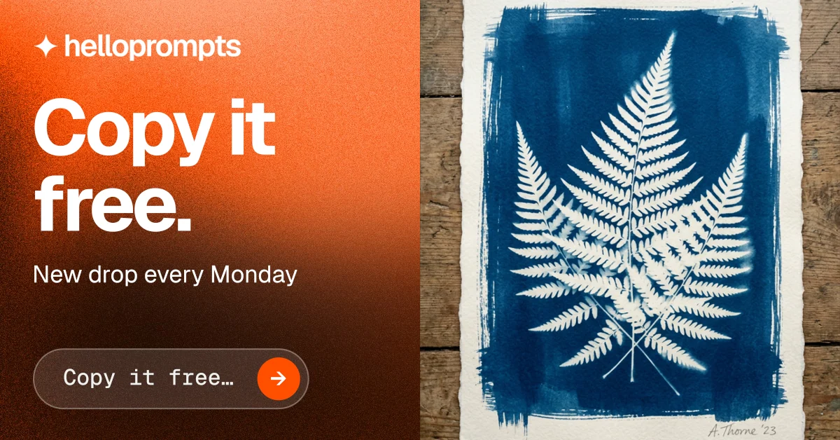 Social ad for HelloPrompts: "Copy it free." Agentic glass style, bottom layout, dark palette in brown, orange, blue.