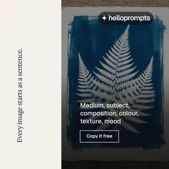 Instagram post for HelloPrompts: "Every image starts as a sentence." Editorial style, vertical layout, light palette in white, black, blue.