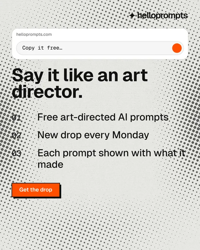 Instagram portrait post for HelloPrompts: "Say it like an art director." Brutalist style, numbered layout, light palette in white, grey.