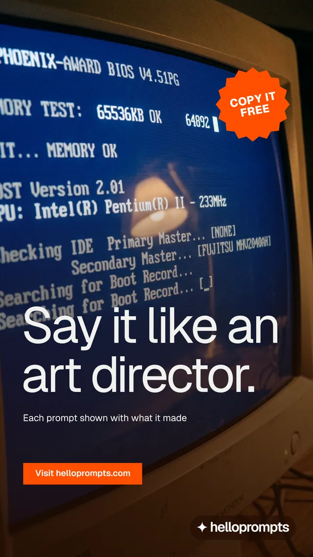 Instagram story for HelloPrompts: "Say it like an art director." Swiss style, sticker layout, dark palette in orange, blue, grey.