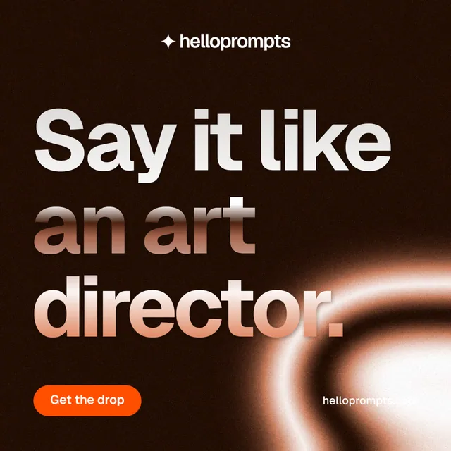 Instagram post for HelloPrompts: "Say it like an art director." Y2K style, poster layout, dark palette in black, orange.