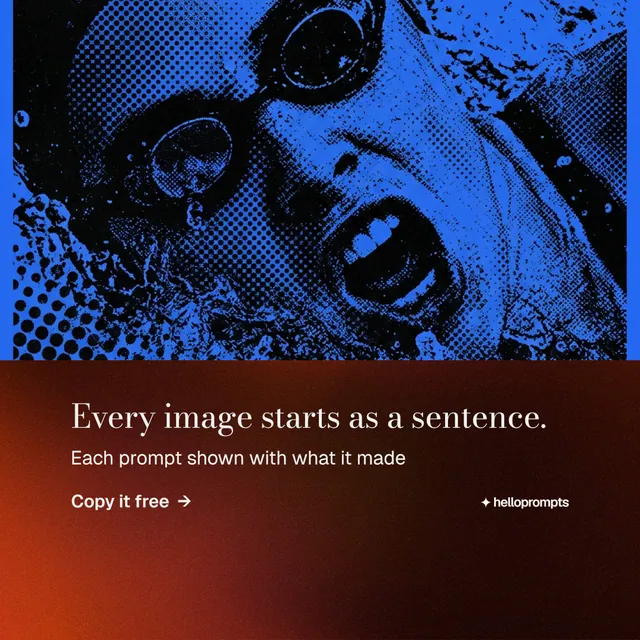 Instagram post for HelloPrompts: "Every image starts as a sentence." Minimal luxury style, bottom layout, dark palette in blue, red, black.