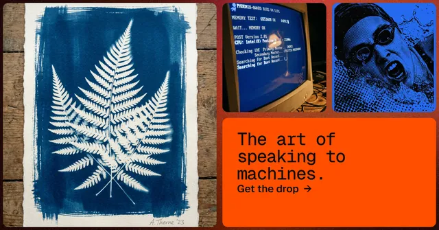 Social ad for HelloPrompts: "The art of speaking to machines." Agentic glass style, collage layout, dark palette in blue, orange, grey.