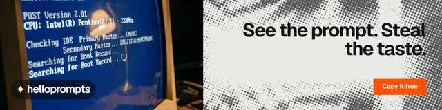 LinkedIn banner for HelloPrompts: "See the prompt. Steal the taste." Swiss style, right layout, light palette in blue, grey, white.