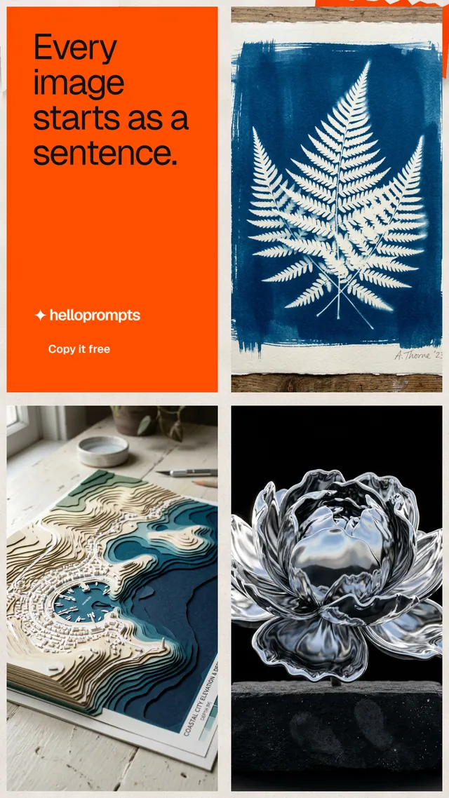 Instagram story for HelloPrompts: "Every image starts as a sentence." Swiss style, collage layout, light palette in blue, orange, grey.