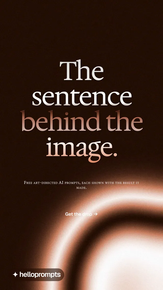 Instagram story for HelloPrompts: "The sentence behind the image." Y2K style, smallcaps layout, dark palette in black, orange.