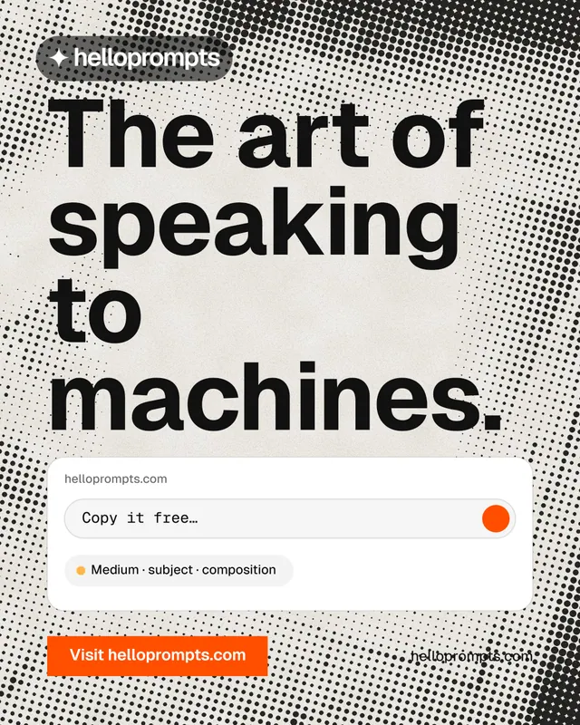 Instagram portrait post for HelloPrompts: "The art of speaking to machines." Retro print style, poster layout, light palette in grey, white.