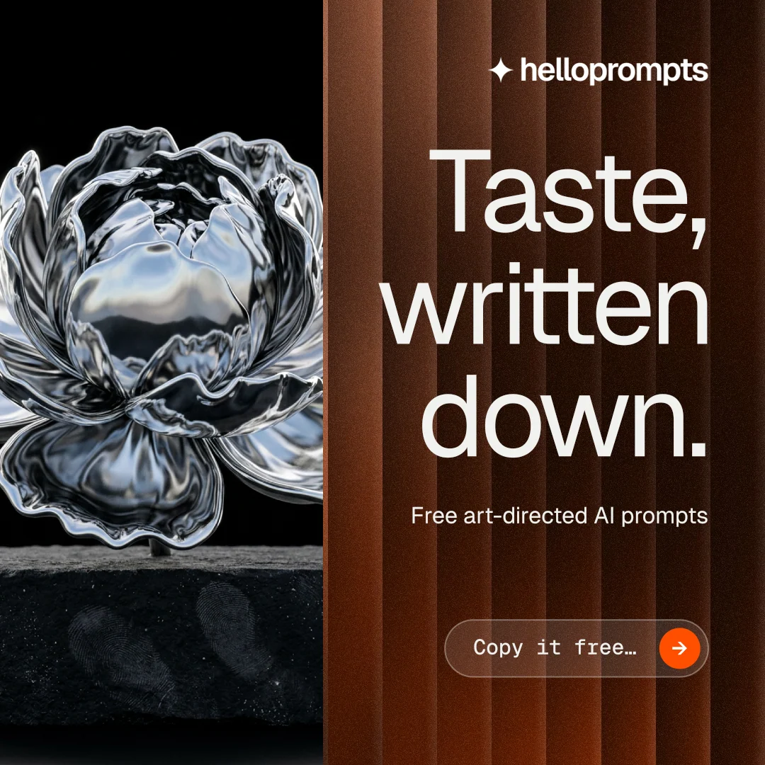 Instagram post for HelloPrompts: "Taste, written down." Agentic glass style, right layout, dark palette in orange, black, grey.