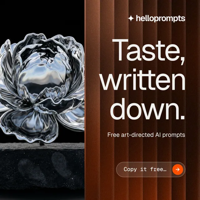 Instagram post for HelloPrompts: "Taste, written down." Agentic glass style, right layout, dark palette in orange, black, grey.
