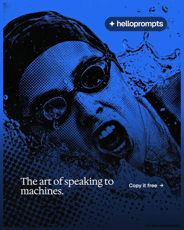 Instagram portrait post for HelloPrompts: "The art of speaking to machines." Editorial style, image led layout, dark palette in blue, black.