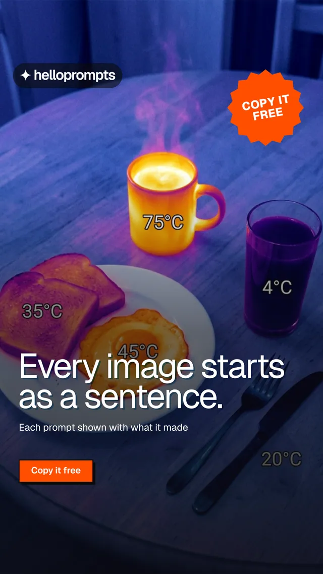 Instagram story for HelloPrompts: "Every image starts as a sentence." Brutalist style, sticker layout, dark palette in blue, purple, grey.